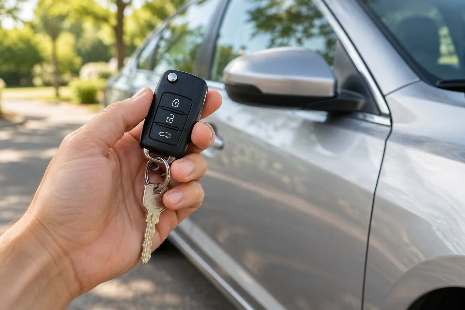 A hand holding a key fob beside a parked car