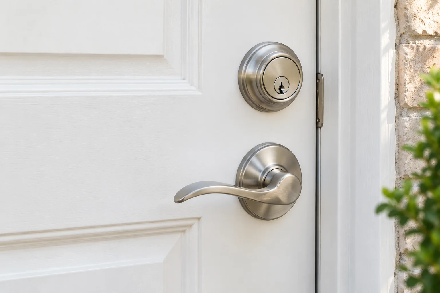 A deadbolt and lever on a residential entrance